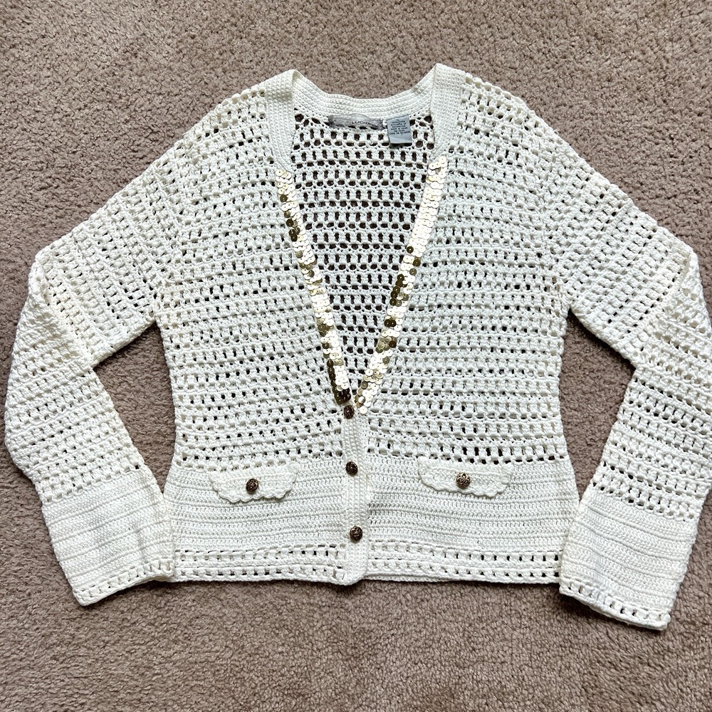 Lucidity Crotchet Sequined White Cardigan Embellished Filigree Buttons Size XL
